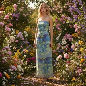 Blue Floral Mesh Tube Maxi Dress XS Ruched Strapless NWT Wedding Guest Party